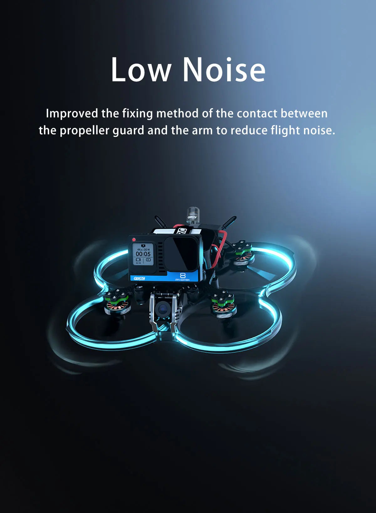 GEPRC Cinebot30 FPV Drone, Low Noise Improved the fixing method of the contact between the propeller guard and the arm to