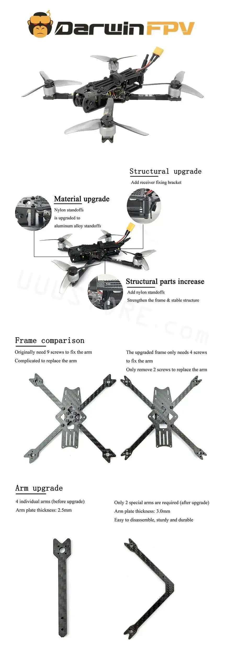 DarwinFPV Baby Ape Pro V2 Drone, 'upgraded frame only needs 4 screws to fix the arm Only 2 special arms are