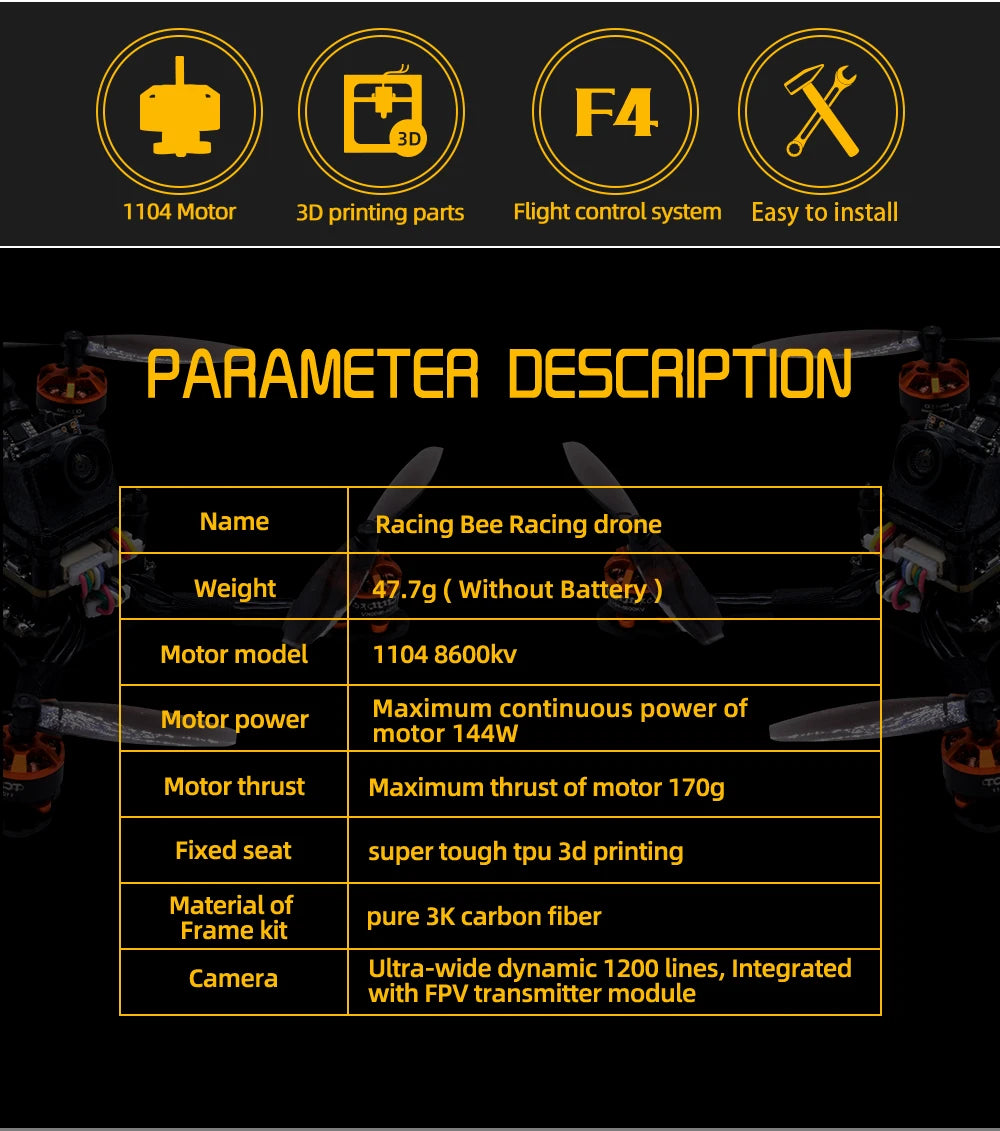 TCMMRC Racing Bee, F4 3D 1104 Motor 3D printing parts Flight control system to install paaa
