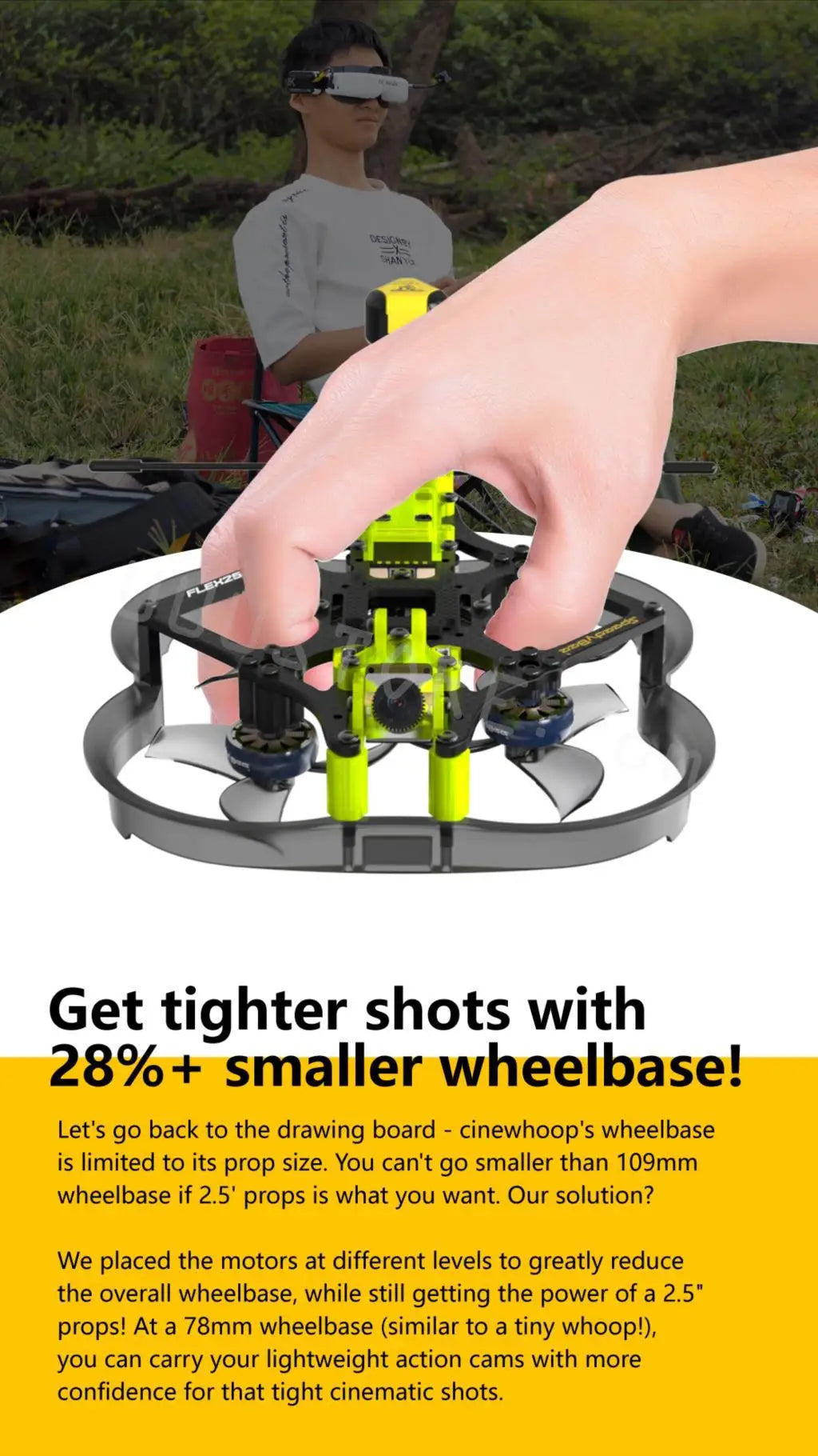 SpeedyBee Flex25 Analog, cinewhoop placed the motors at different levels to greatly reduce the overall wheelbase 