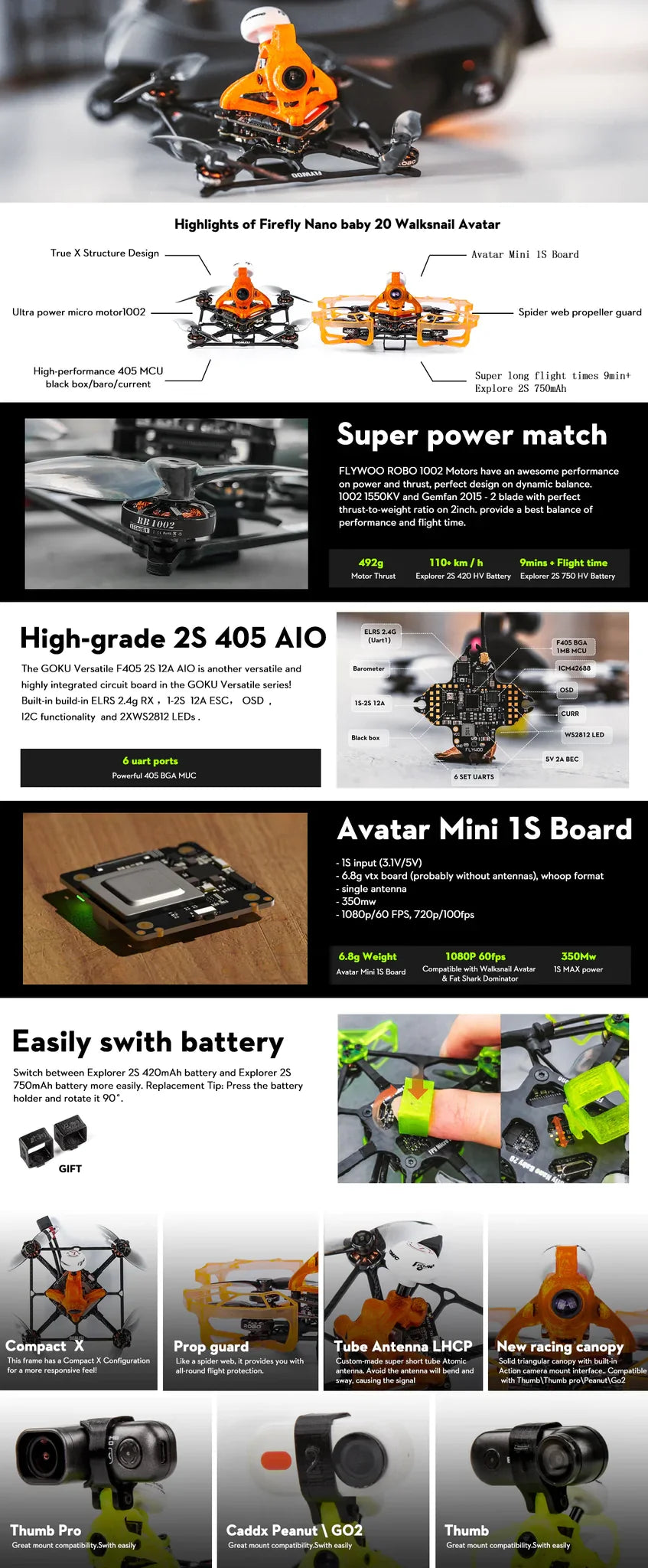 FLYWOO Firefly 2S Nano Baby 20 Walksnail Avatar, GOKU Versatile F405 2S 12A AIO is another versatile and