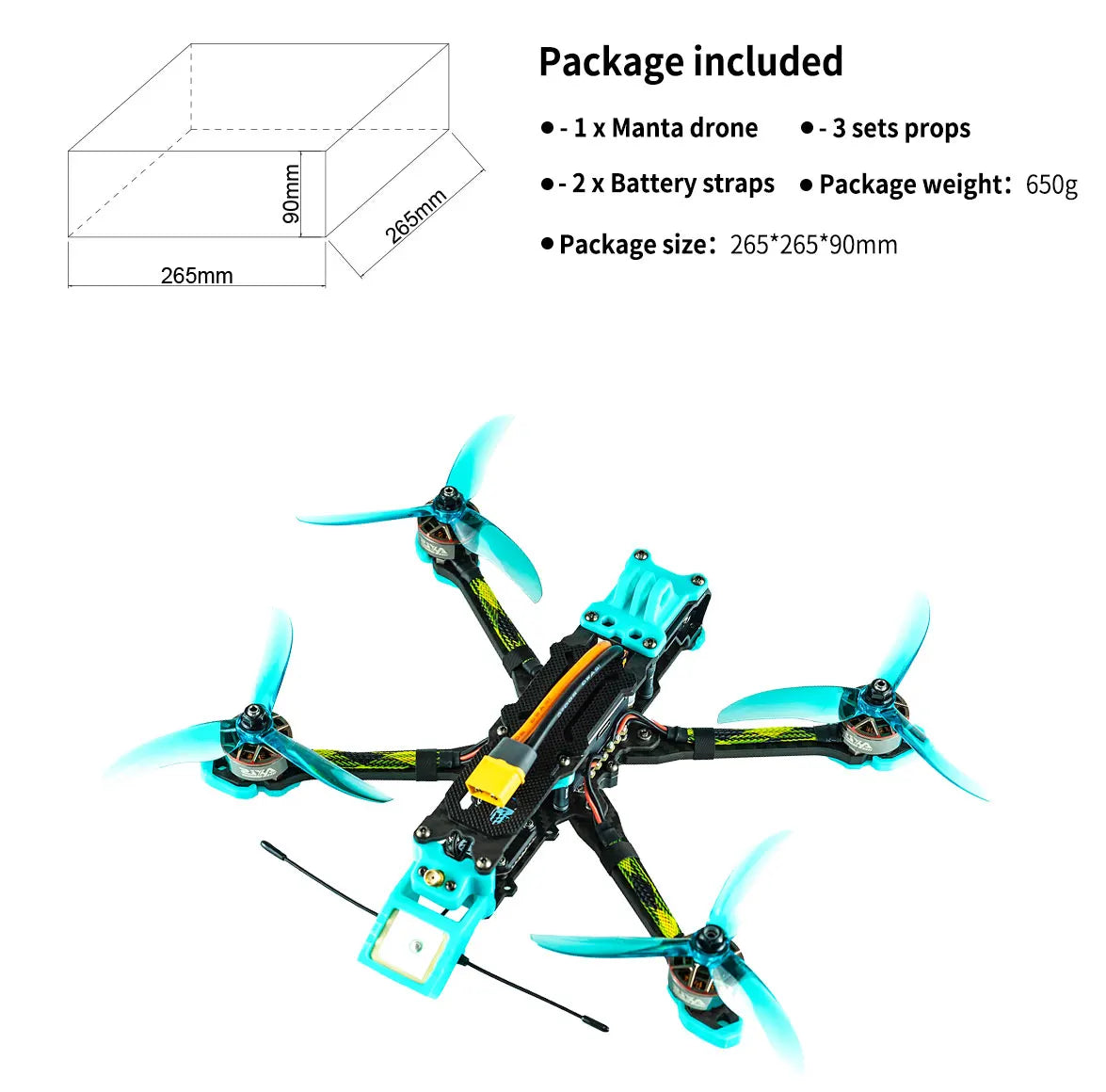 Axisflying MANTA5" - طائرة بدون طيار FPV Freestyle Ture X مقاس 5 بوصات مع نظام تحديد المواقع العالمي (GPS). 7 Axisflying MANTA5", Package included 1x Manta drone 3 sets props 1 -x Battery straps