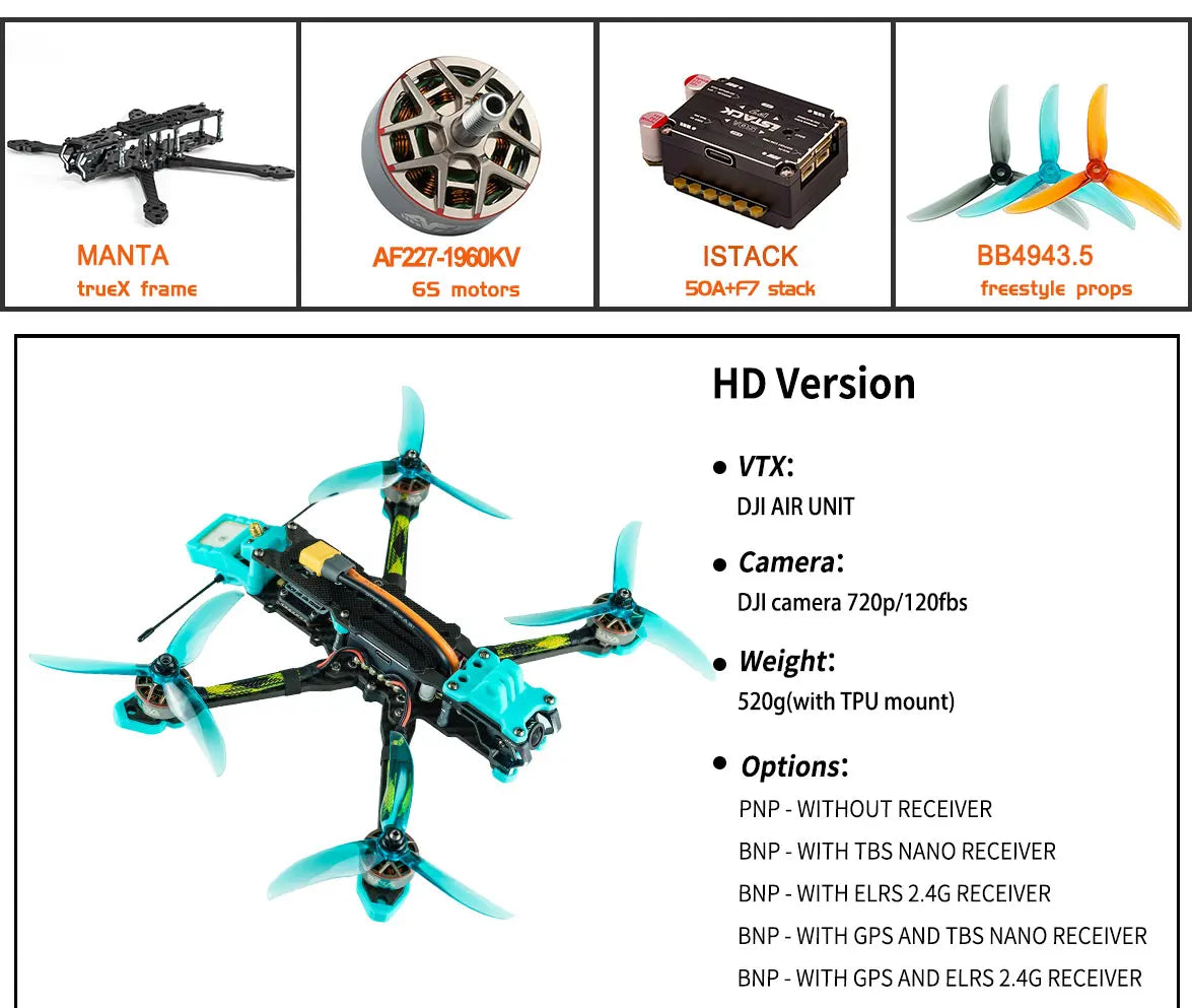Axisflying MANTA5" - طائرة بدون طيار FPV Freestyle Ture X مقاس 5 بوصات مع نظام تحديد المواقع العالمي (GPS). 9 Axisflying MANTA5", MANTA AF227-1960KV ISTACK BB4943.5