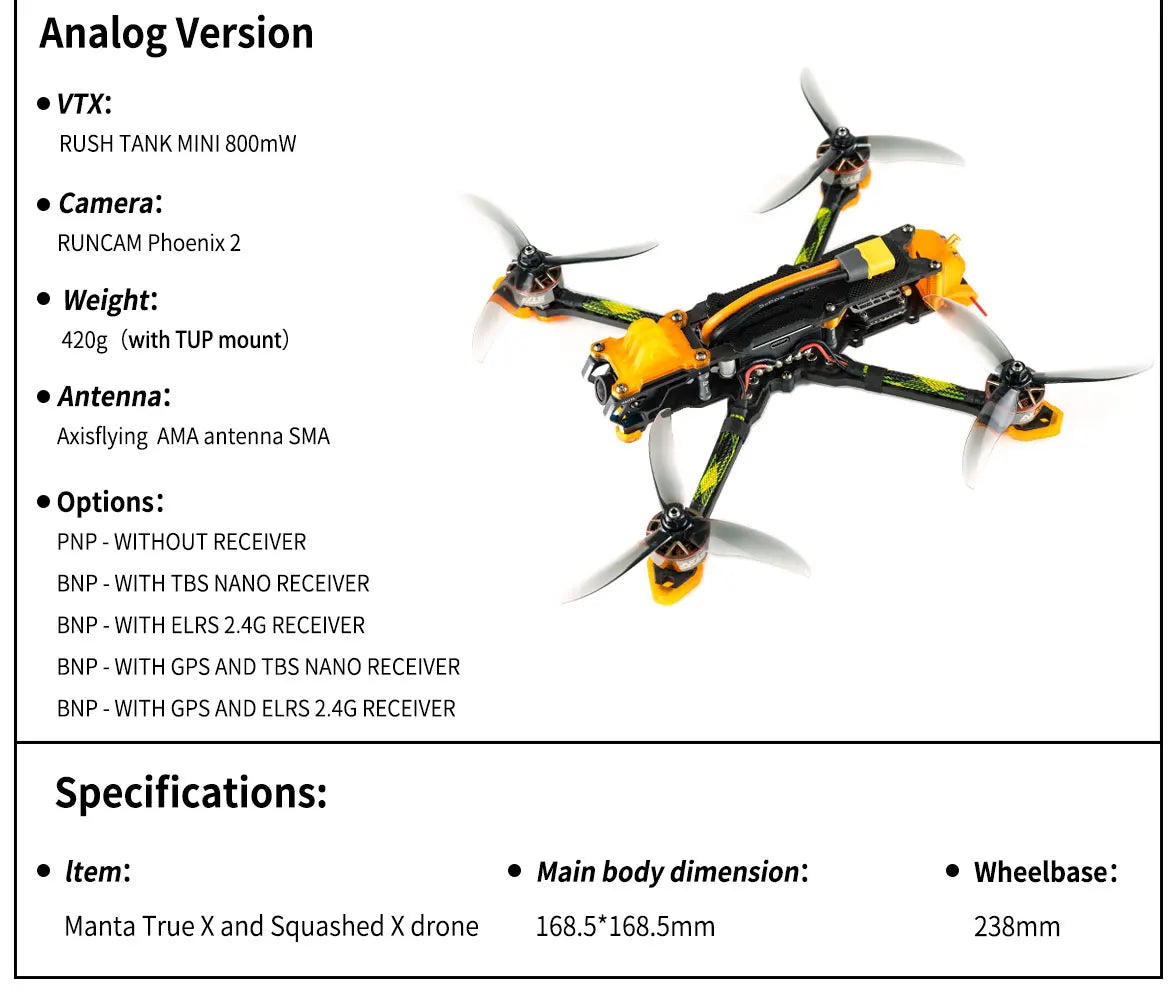 Axisflying MANTA5" - طائرة بدون طيار FPV Freestyle Ture X مقاس 5 بوصات مع نظام تحديد المواقع العالمي (GPS). 10 Axisflying MANTA5", Analog Version VTX: RUSH TANK MINI 80OmW Camera