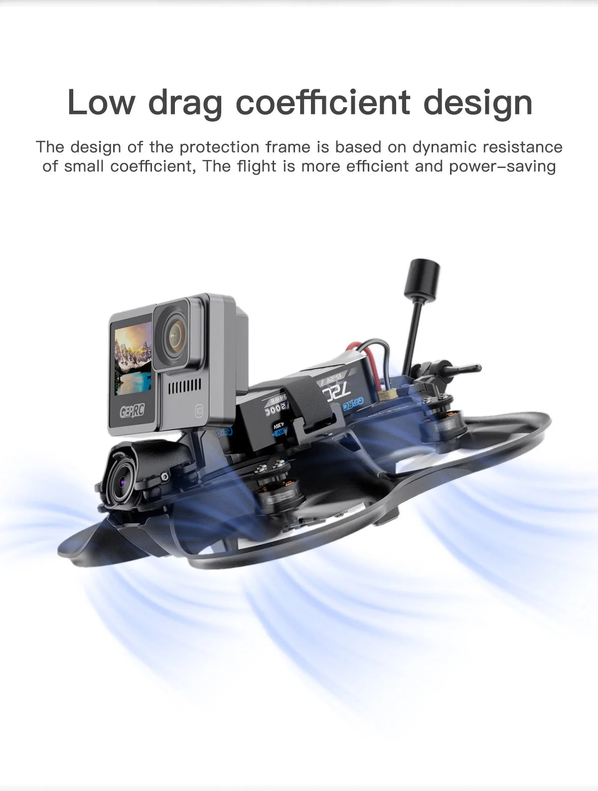 GEPRC Cinebot25 S WTFPV 2.5inch FPV Drone, low drag coefficient design The design of the protection frame is based on dynamic resistance of small coefficient