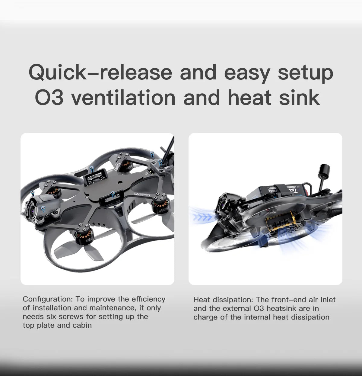 GEPRC Cinebot25 HD O3 FPV Drone - 2.5 بوصة Racing Freestyle Quadcopter TAKER G4 45A AIO FC SPEEDX2 1404 4600KV Motor RC 128K PWM 13 GEPRC Cinebot25 HD O3 FPV Drone, quick-release and easy setup 03 ventilation and heatsink are in needs six screws for setting