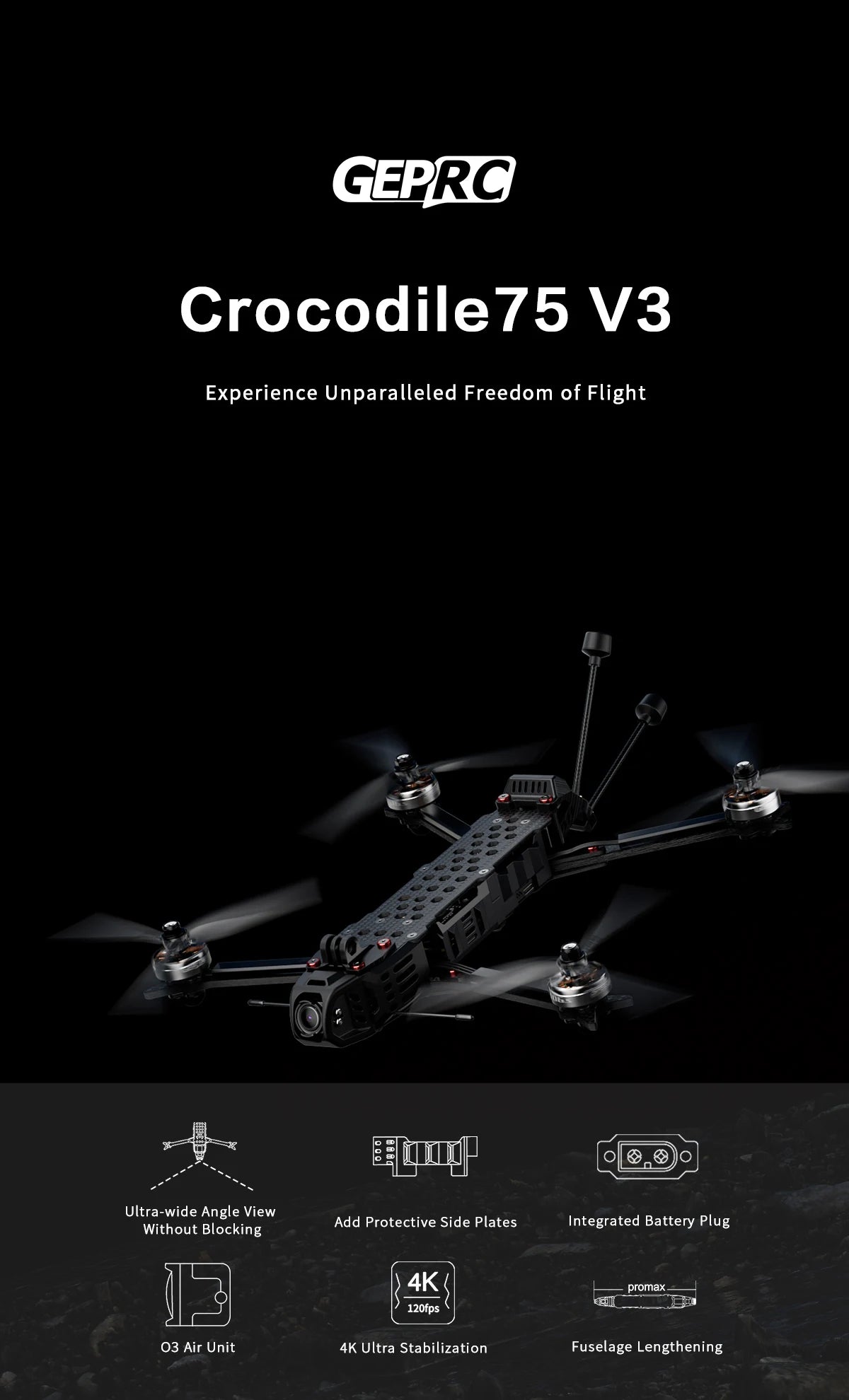 GEPRC Crocodile75 V3 HD - Avatar V2 Long Range FPV 7.5inch 6S TAKER 60A Stack O3 Air Unit 2806.5 1350KV Motor TBS NanoRX GPS FPV 9 GEPRC Crocodile75 V3 HD, GEPRG Crocodile75 V3 Experience Unparalleled Freedom of Flight Ultra