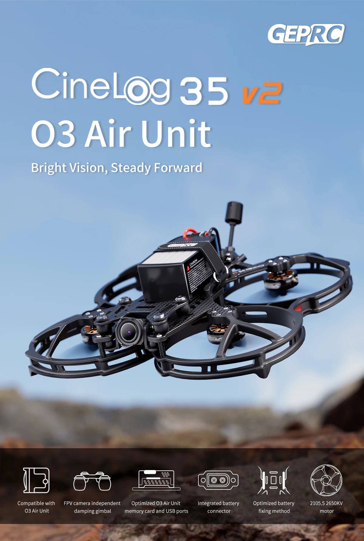 GEPRC CineLog35 V2 HD - O3 GPS FPV Drone O3 Air Unit GEP F722-45A AIO V2 2650KV 6S TBS ELRS RC FPV كوادكوبتر حرة بدون طيار 9 GEPRC CineLog35 V2 HD - O3 GPS FPV, GEPRC CineLog35 V2 HD, GEPRC Cinelog 35 V2 03 Air Unit Bright Vision; Steady Forward