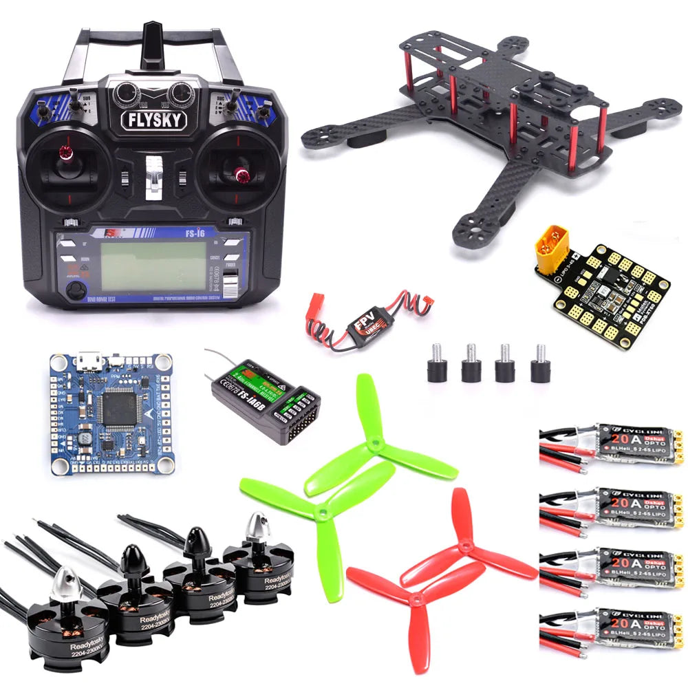 Flysky I6 راديو Mini ZMR250 QAV250 250 مللي متر إطار من ألياف الكربون 2204 2300KV موتور 20A BLHeli_S ESC ث/LED F4 V3S طقم التحكم في الطيران 17 Flysky I6 Radio Mini ZMR250