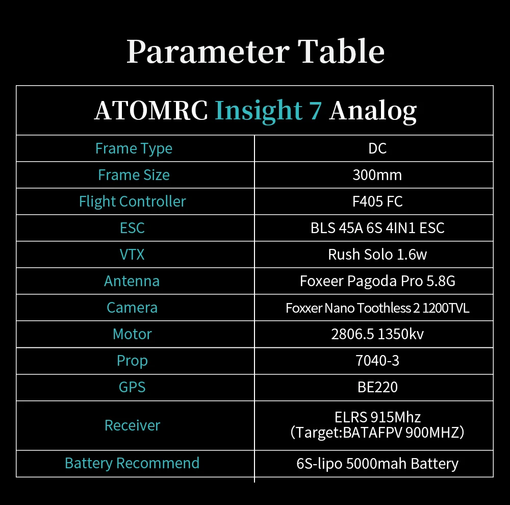 ATOMRC Insight7, ATOMRC Insight 7 Analog Frame Type DC Frame Size 300mm Flight Controller F