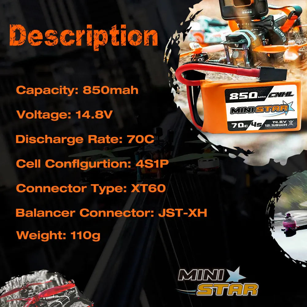 2/4PCS CNHL 4S 14.8V Lipo Battery for FPV - 850mAh 70C MiniStar Series With XT60 Plug For RC FPV Racing Drone Mini Quadcopter Airplane 10 2/4PCS CNHL 4S 14.8V Lipo Battery for FPV, ZNHL MINIOUCG Voltage: 14.8V Bv 702 12Sb