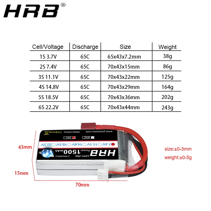 HRB 2S 3S 4S 5S 6S يبو بطارية 1500mah 7.4V 11.1V 14.8V 18.5V 22.2V يبو بطارية 65C ل RC سيارة الطائرات بدون طيار شاحنة تروجي طائرة طائرة بدون طيار FPV 7 HRB 2S 3S 4S 5S 6S lipo Battery, HrB Cell Voltage Discharge Size Weight 1S 3.7V 65C 65x