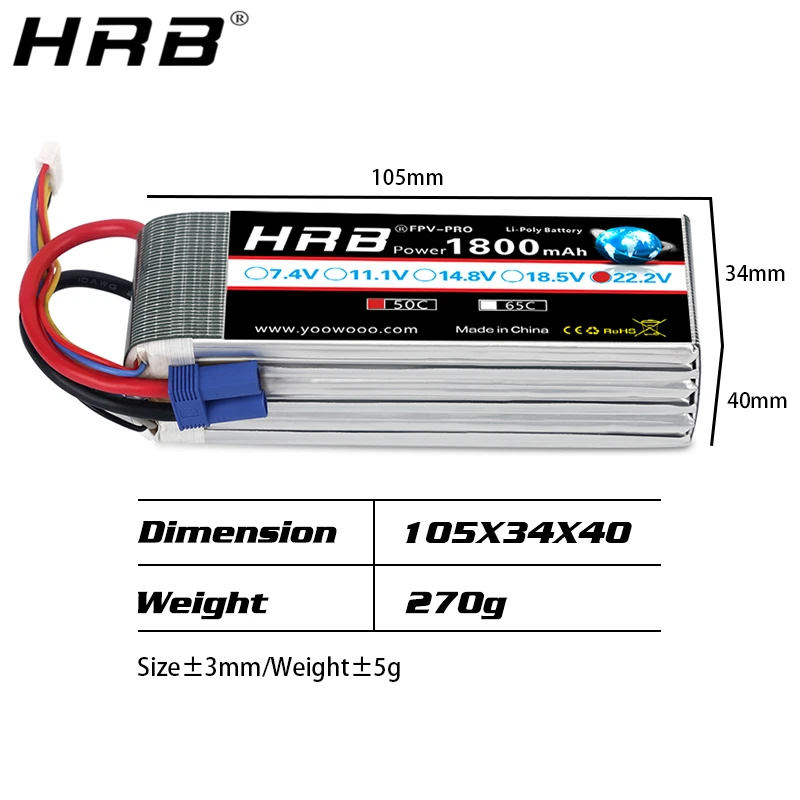 HRB Lipo 4S 6S Battery - 14.8V 22.2V 1300mah 1500mah 1800mah 2200mah 90C 100C With XT60 For RC FPV Quadcopter Drone Airplane 14 HRB Lipo 4S 6S Battery, 105mm OTdvPro Liroly Water HRB Power 800mAh O7
