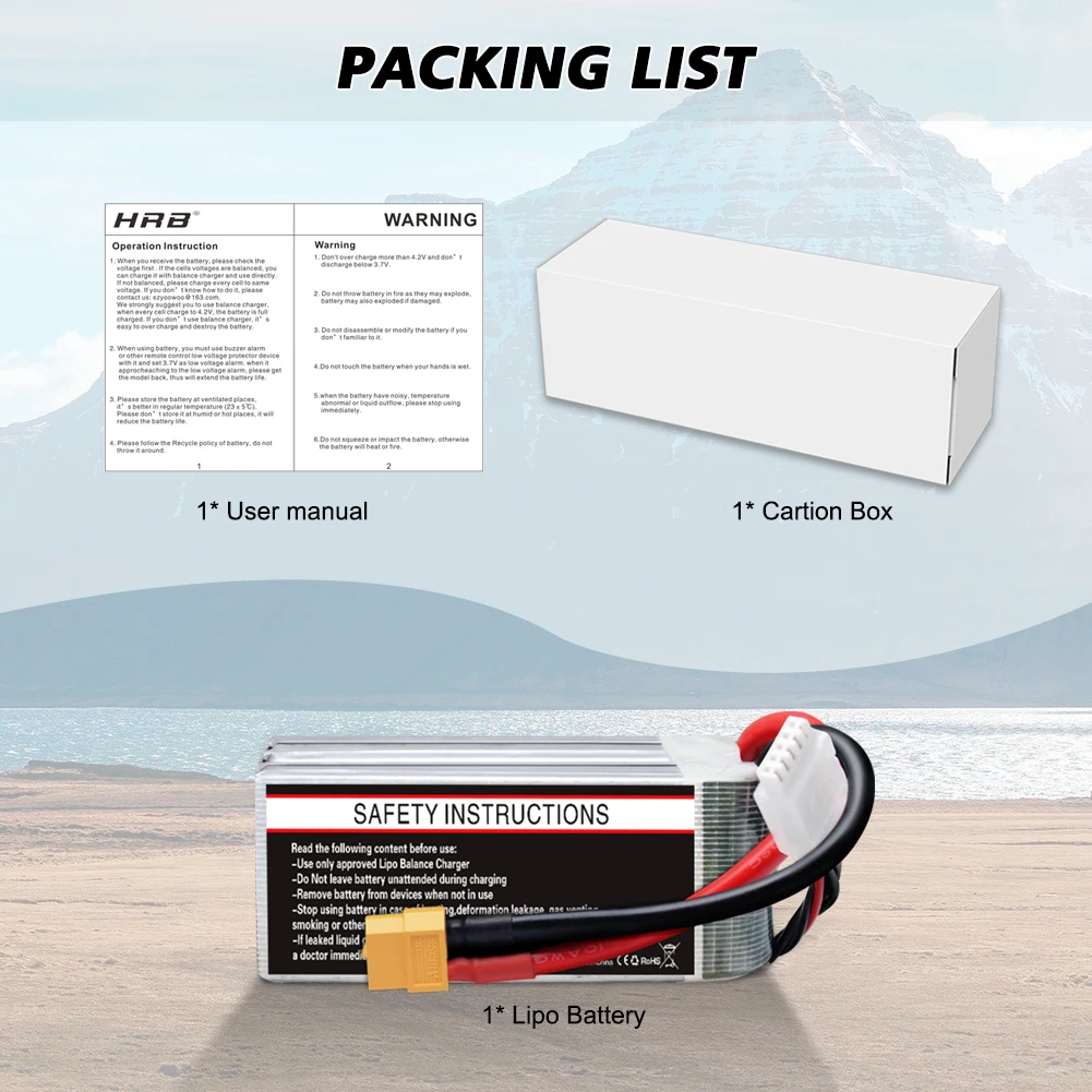 HRB Lipo 4S 6S Battery - 14.8V 22.2V 1300mah 1500mah 1800mah 2200mah 90C 100C With XT60 For RC FPV Quadcopter Drone Airplane 16 HRB Lipo 4S 6S Battery, PACKING LIST HRB WARNING Oporation Instruction Warning Eanatnd