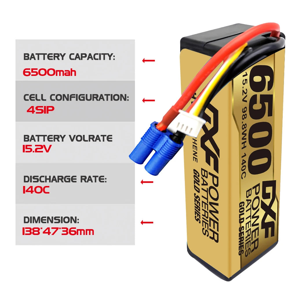 DXF 4S Lipo Battery 14.8V 15.2V 6500mAh 9200mAh - Gold Version Graphene Racing Series HardCase for RC Car BX Evader Truggy Buggy 42 DXF 4S Lipo Battery 14.8V 15.2V 6500mAh 9200mAh, DXF 4S Lipo Battery, BATTLE CAPACITY: 65OOmah ceLL CONFIGURATION