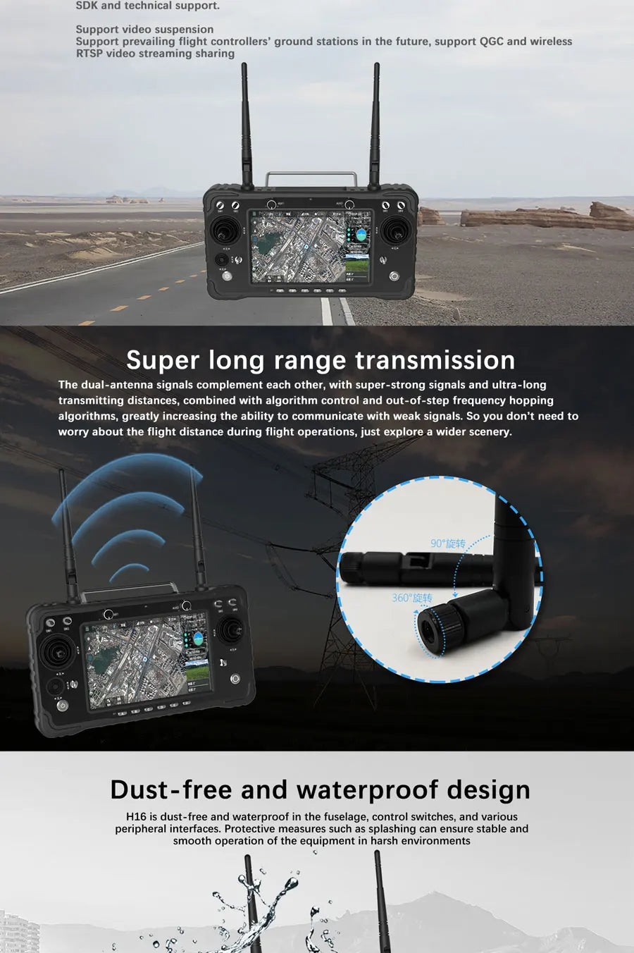 Skydroid H16 / Pro 2.4 جيجا هرتز 16CH FHSS 20KM 1080P جهاز إرسال بيانات الفيديو الرقمية عن بعد مع جهاز استقبال R16 كاميرا MIPI 17 prevailing flight controllers' ground stations in the future, support wireless RTSP video streaming
