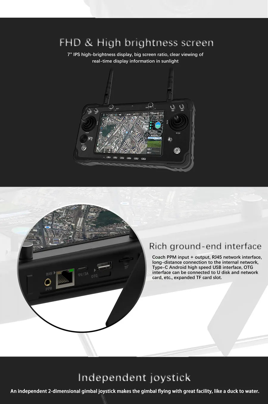 Skydroid H16 / Pro 2.4 جيجا هرتز 16CH FHSS 20KM 1080P جهاز إرسال بيانات الفيديو الرقمية عن بعد مع جهاز استقبال R16 كاميرا MIPI 19 FHD & High brightness screen 7" IPS high-brightness display .