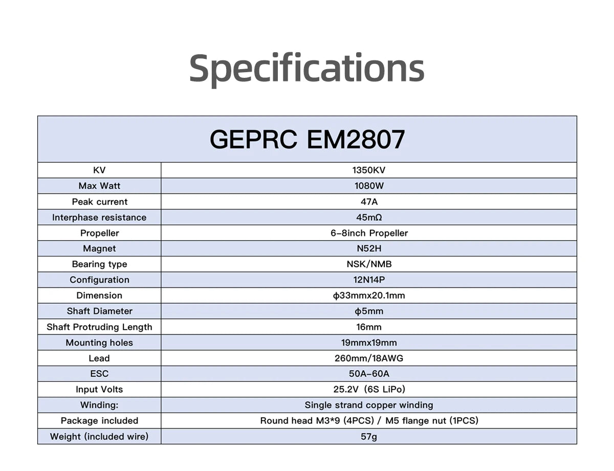 محرك GEPRC EM2807 1350KV - أسود بدون فرش مع ملحقات RC FPV Racing Drone Multicopter مقاس 6/7/8 بوصة 7 GEPRC EM2807 1350KV Motor, Specifications GEPRC EM2807 KV 1350KV Max Watt 1080