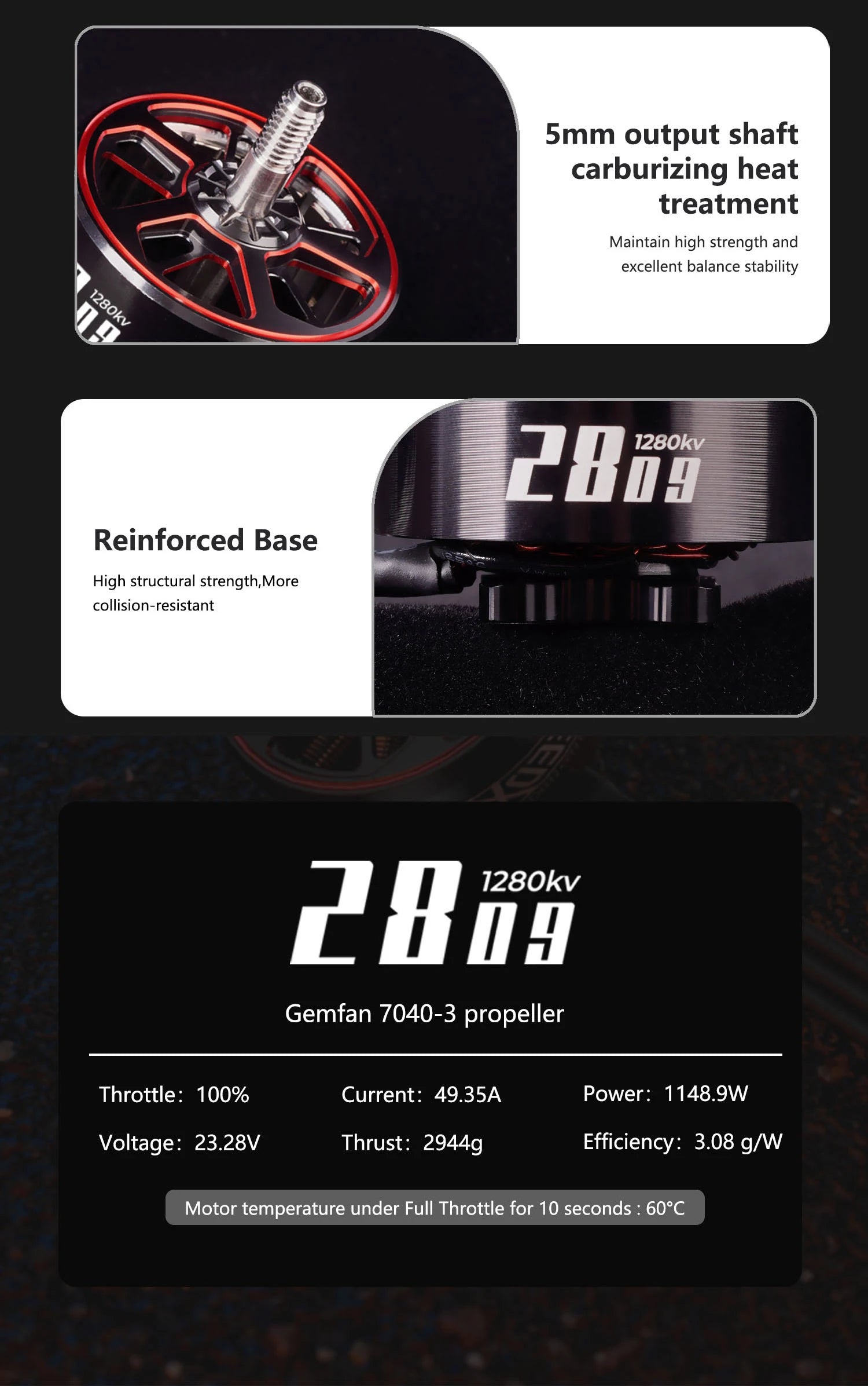 GEPRC SPEEDX2 2809 1280KV Motor, Smm output shaft carburizing heat treatment Maintain high strength and excellent balance stability 1280k
