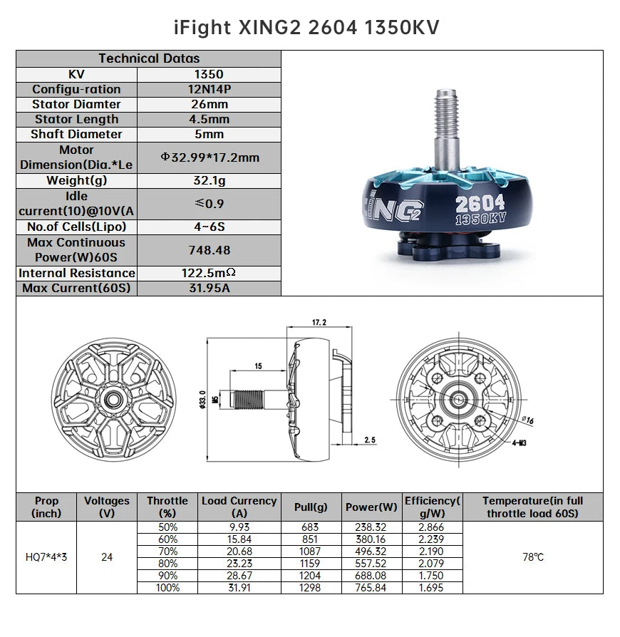 محرك iFlight XING2 2604 1350KV/1650KV 4S-6S FPV Unibell متوافق مع المروحة 5 بوصة لطائرة FPV بدون طيار 6 iFlight XING2 2604 1350KV/1650KV 4S-6S FPV Motor, iFight XING2 2604 1350KV Technical Datas KV