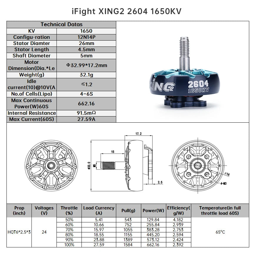 محرك iFlight XING2 2604 1350KV/1650KV 4S-6S FPV Unibell متوافق مع المروحة 5 بوصة لطائرة FPV بدون طيار 7 iFlight XING2 2604 1350KV/1650KV 4S-6S FPV Motor, iFight XING2 2604 1650KV Technical Datas KV