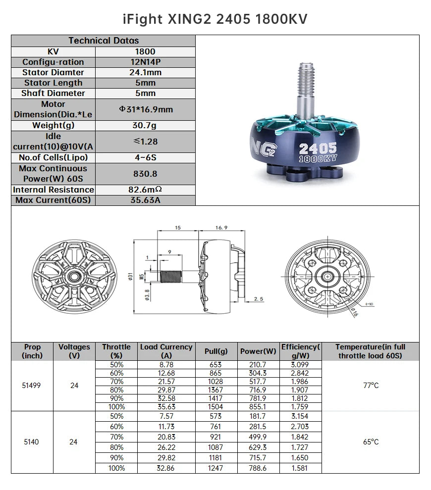 iFlight XING2 2405 1950KV / 1800KV 4-6S FPV Motor, iFight XING2 2405 1800KV Technical Datas KV 1800