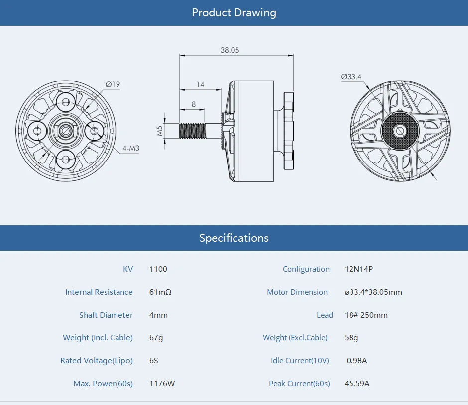 T-motor, Product Drawing 38.05 033 4-M3 Specifications 1100 Configuration 12N14