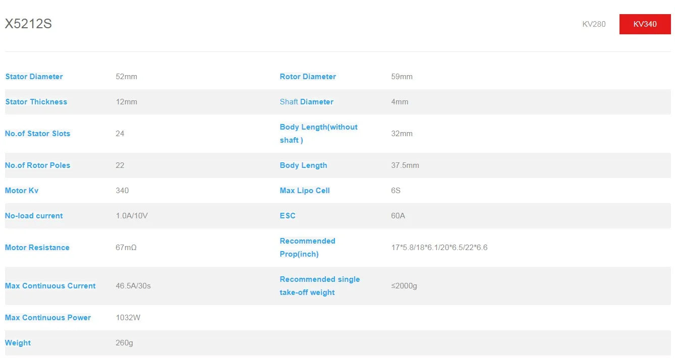 X5212S KV280 Kv340 Stator Diameter 52mm Rotor