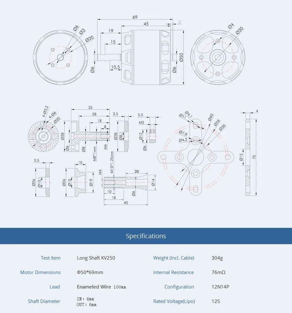 T-MOTOR, 304g Motor Dimensions 050*69mm Interna Resistance 76m