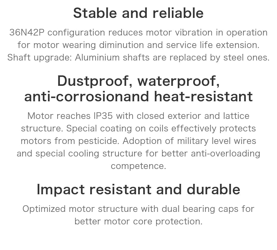 T-MOTOR, military-grade wires and special cooling structure for better anti-overloading competence .