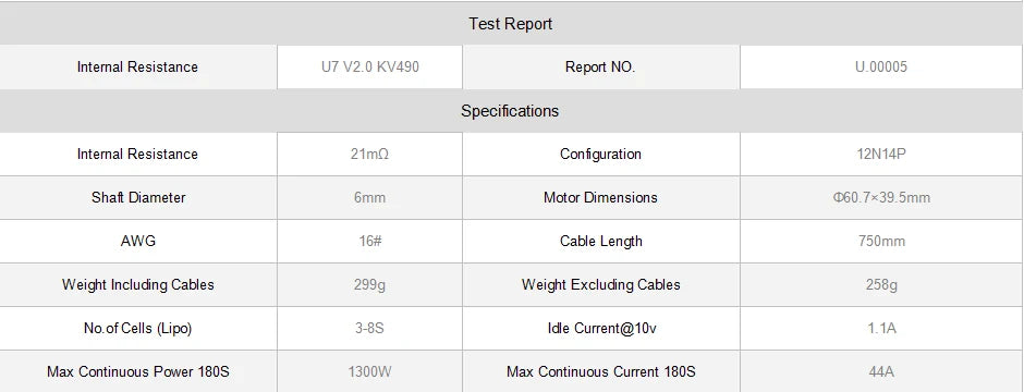 محرك T-MOTOR U7 KV280 KV460 KV490 U-POWER للطائرات بدون طيار متعددة الدوارات الدوارة Hexacopter 18 T-MOTOR, Test Report Internal Resistance U7 V2.0 Kv490 Report NO U.0OOO