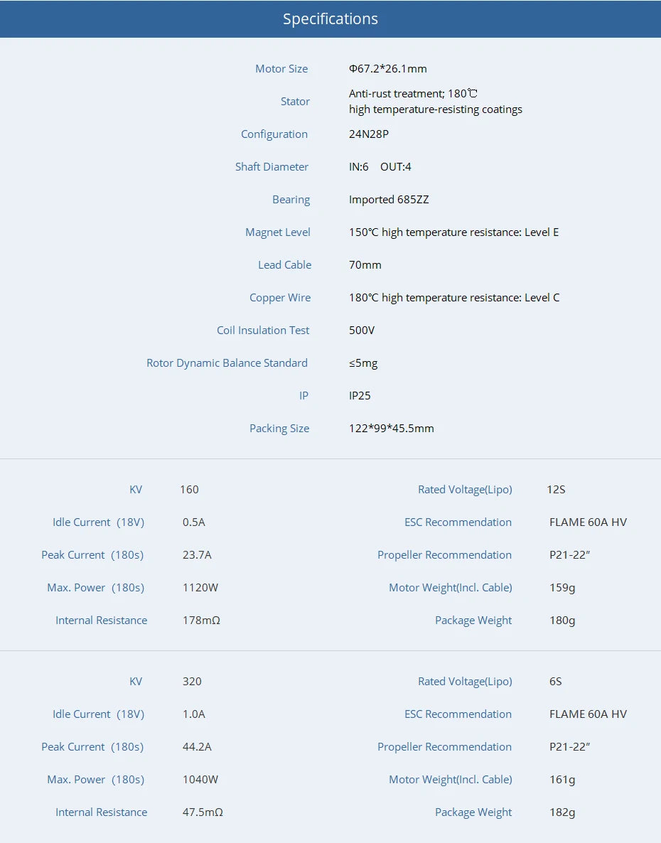 T-MOTOR, Specifications Motor Size 067.2*26.1mm Anti-rust treatment; 1808 Stator