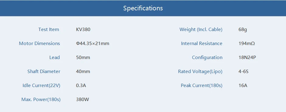 2PCS/SET T-motor, Specifications Test Item KV380 Weight (Incl. Cable) 58g