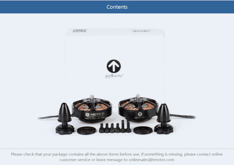 2PCS/SET T-motor, check that your package contains all the above items before use . if something is missing,