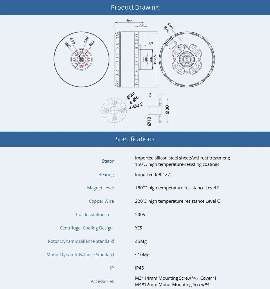 T-motor, Specifications Imported silicon steel sheet;Anti-rust treatment; Stator 1508 high temperature