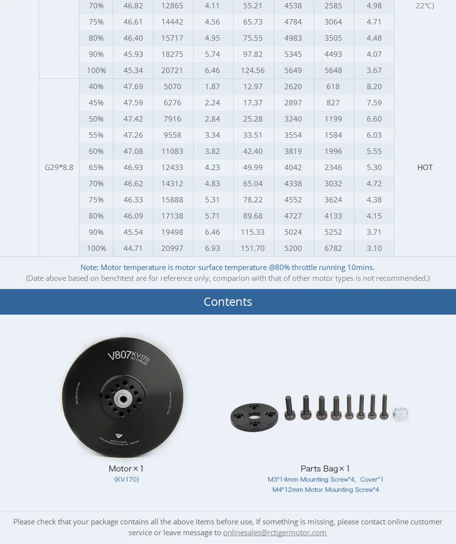 T-motor V807 KV170 Brushless Motor SPECIFICATIONS