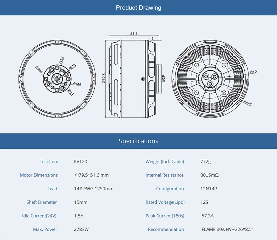 T-MOTOR, KV120 Weight (Incl. Cable) 772g Motor Dimensions 079.5