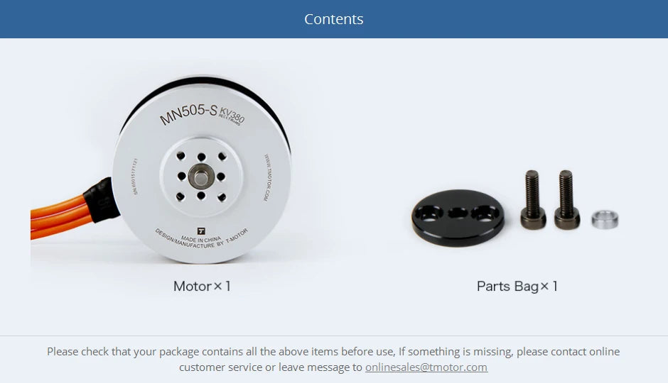 T-Motor MN505-S KV260 KV320 KV380 Brushless Waterproof Motor - 7KG Thrust New Professional Navigator Series For Multirotor Copters Aircraft 21 T-Motor, if something is missing, please contact online customer service or leave message t0 onlines