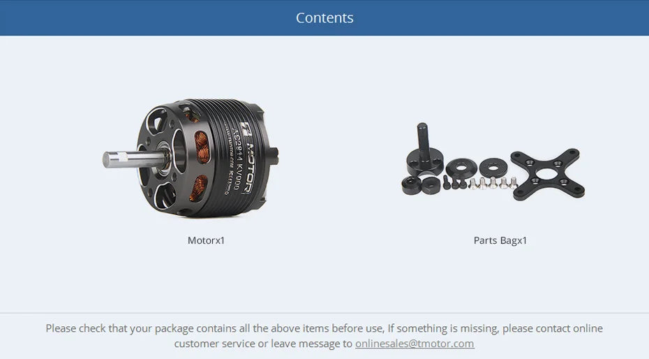 T-motor, Please check that your package contains all the above items before use . if something is missing