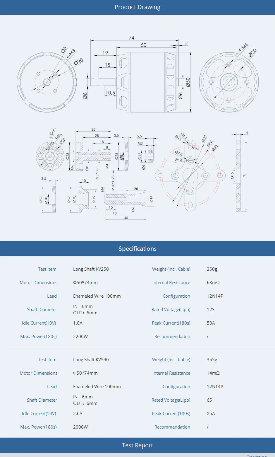 T-MOTOR, 355g Motor Dimensions 050*74mm Internal Resistance 68mn Lead
