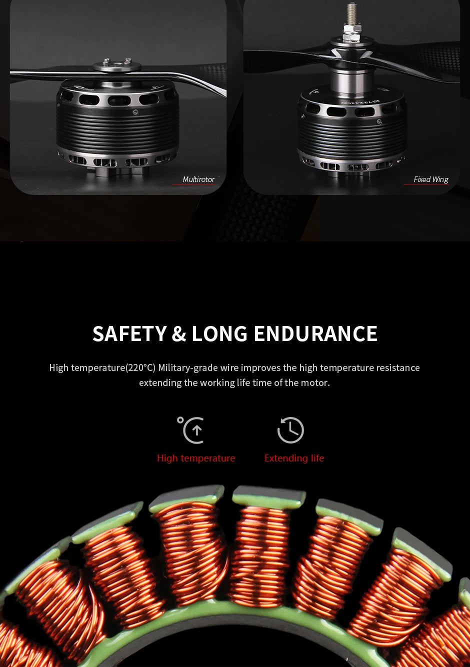 T-motor, Military-grade wire improves the high temperature resistance extending the workinglife of the motor 