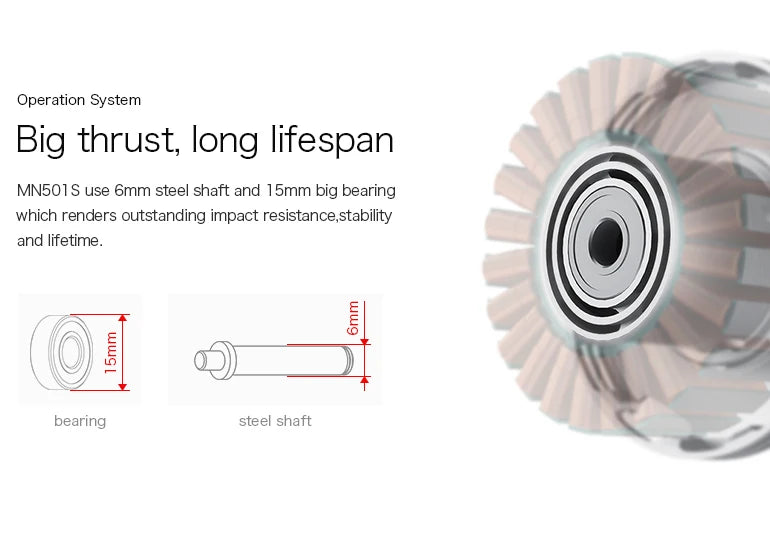 T-Motor MN501-S KV360 5.3KG Thrust Navigator Series Brushless Electrical Motor For For Aircraft Multirotor Copters RC Drones 12 T-Motor, MNSOT S use 6mm steel shaft and 1Smm big bearing which renders outstanding