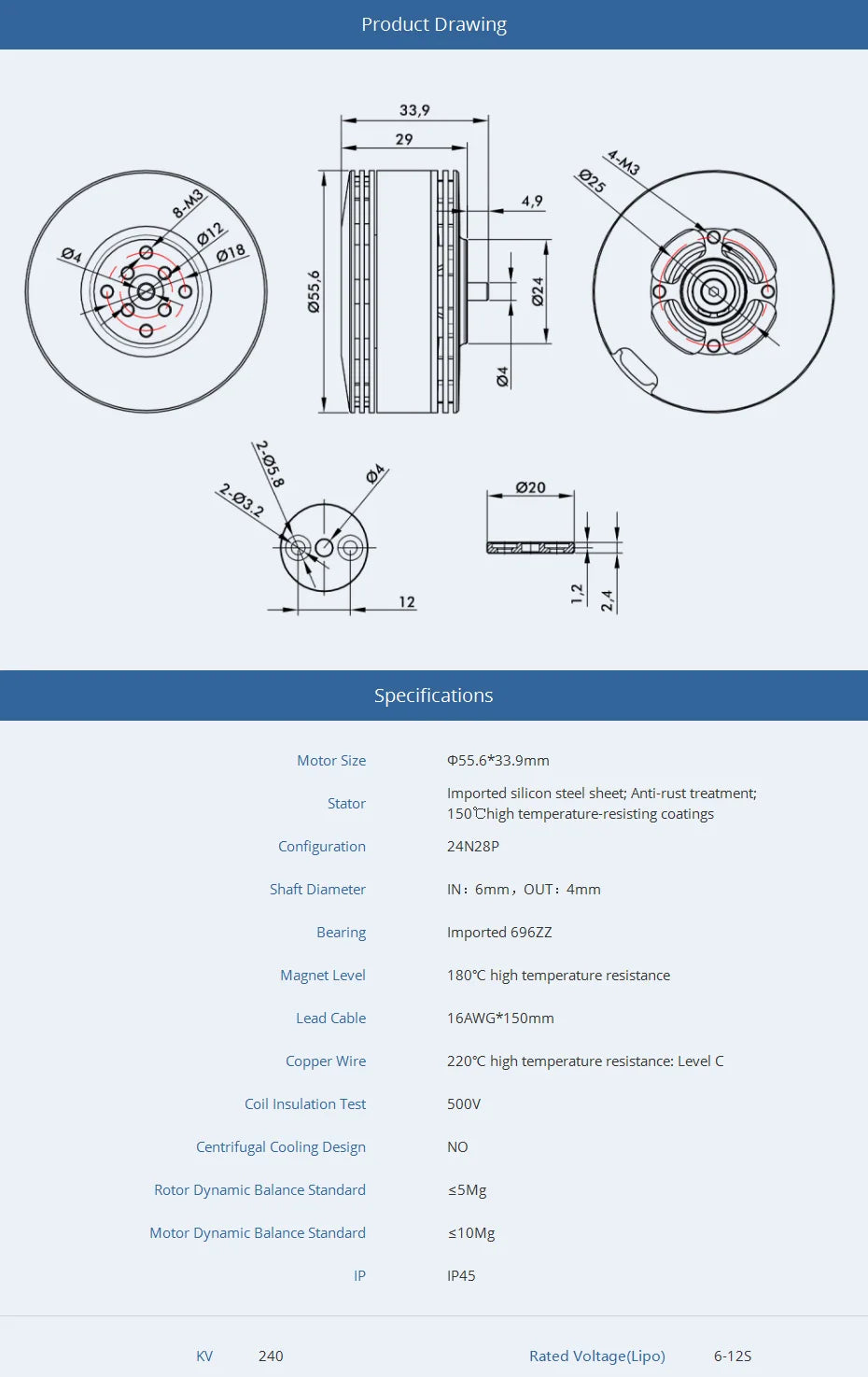 T-Motor MN501-S KV360 5.3KG Thrust Navigator Series Brushless Electrical Motor For For Aircraft Multirotor Copters RC Drones 19 T-Motor, 055.6*33.9mm Imported silicon steel sheet; Anti-rust treatment; St