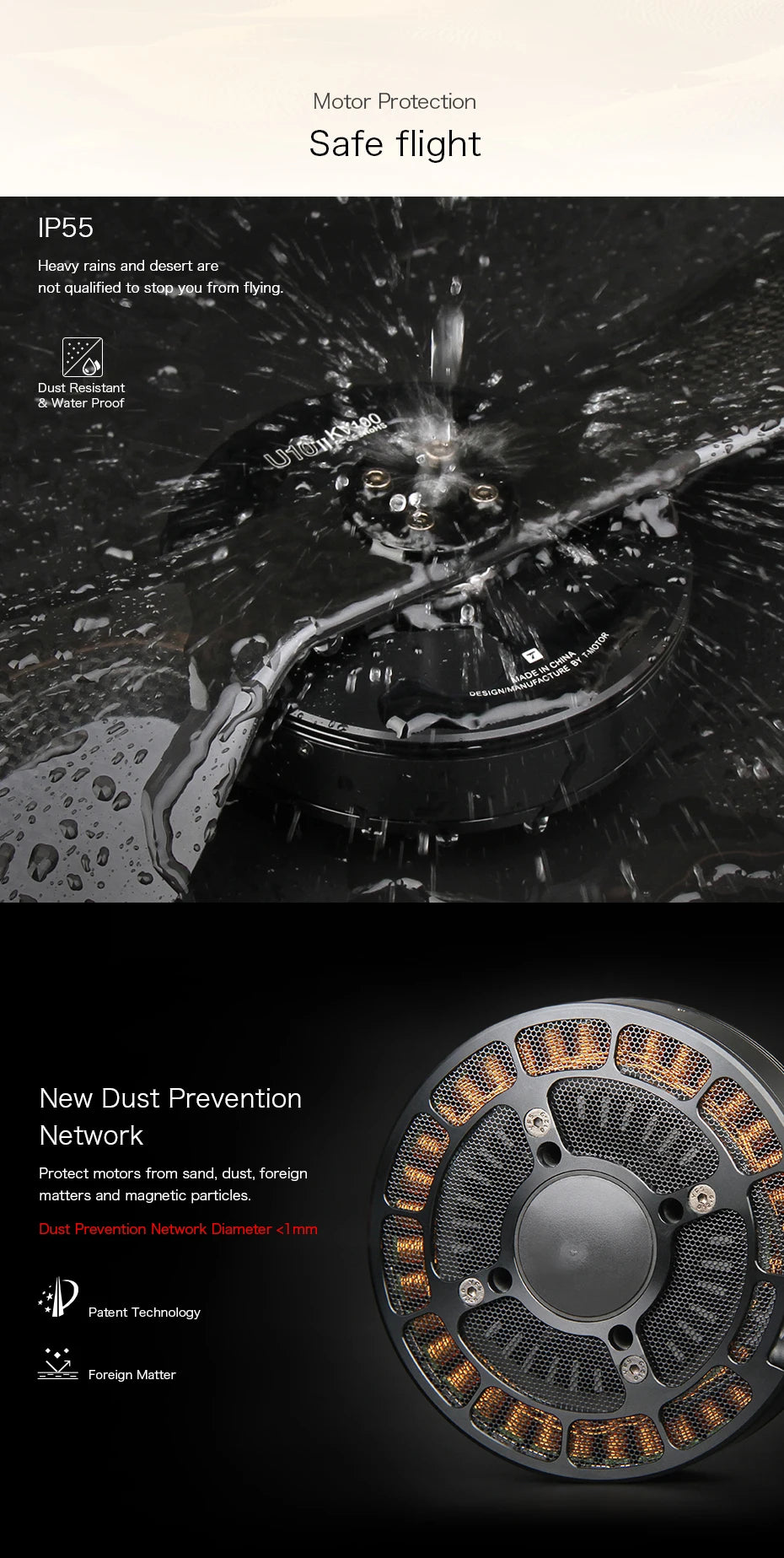 T-Motor, Motor Protection Safe flight IP55 Heavy rains and desert are not qualified to you from flying: