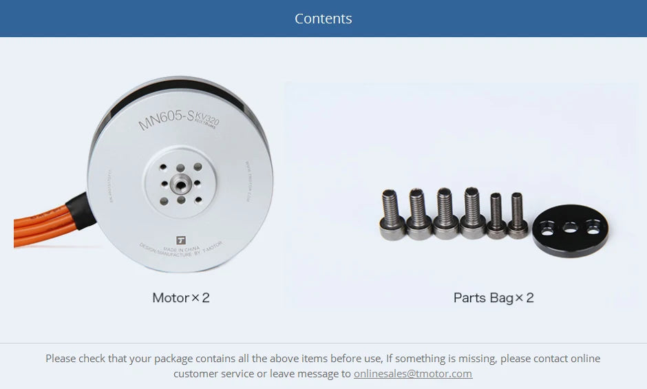 2Pcs/Set T-motor, if something is missing please contact online customer service or leave message to onlinesales@t