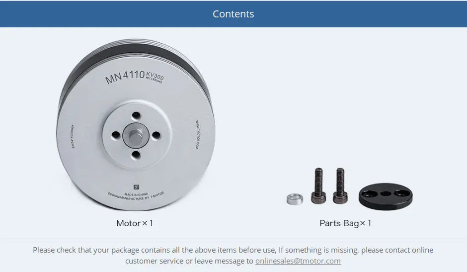 T-MOTOR MN4110 KV300 KV340 KV400 Brushless Motor Max Thrust 770W 3.6KG Tiger Motor Navigator Type For UAV RC Drones Copter Rotors Multi-rotor 22 T-MOTOR, if something is missing, please contact online customer service or leave message to pnlines