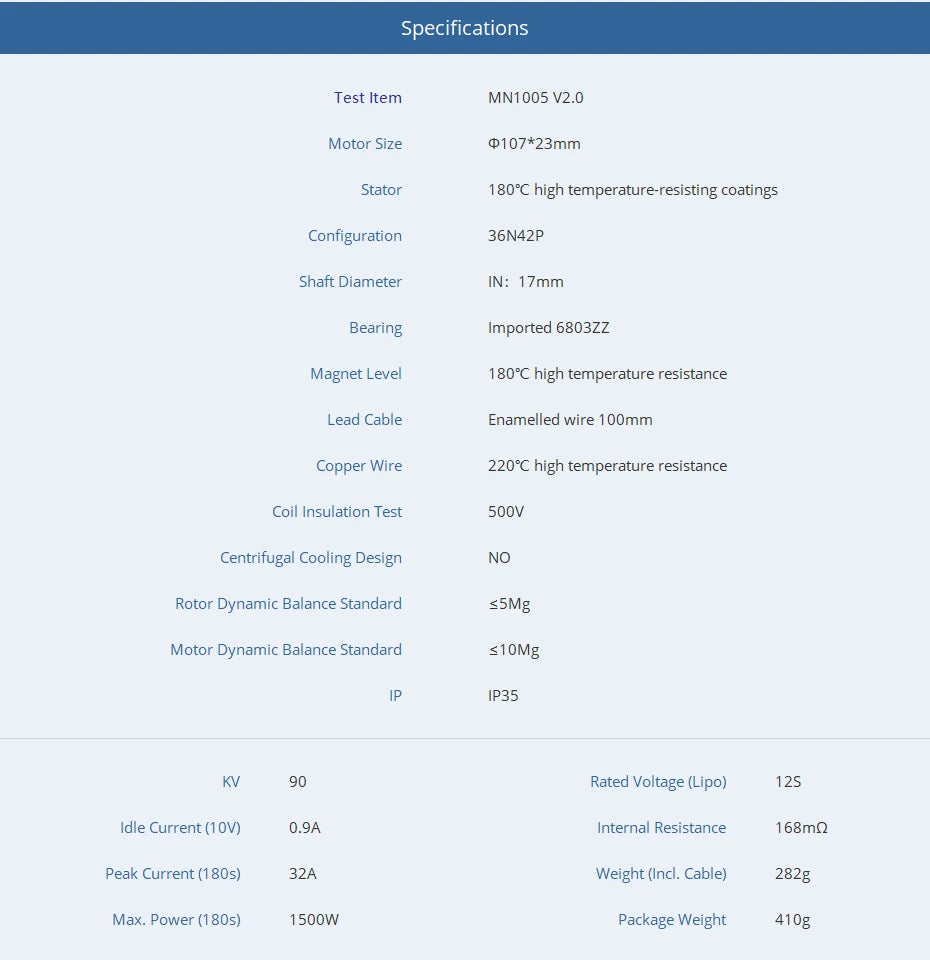 T-MOTOR, Specifications Test Item MNIOO5 V2.0 Motor Size 0107*23mm St
