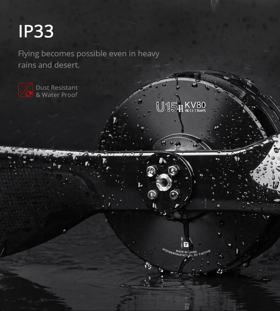 T-MOTOR U15II KV100/KV80 36KG Thrust Motor UAV Propeller Heavy Lift Drone Flame 200A ESC,Flame 180A ESC G40x13.1 Prop optional 12 T-MOTOR, IP33 Flying becomes possible even in heavy rains and desert . Dust Resistant