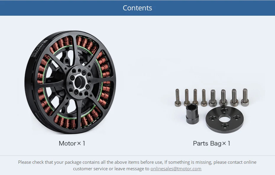 T-motor U8 II Lite KV100 Outrunner Brushless Motor 9.1KG Thrust U Efficiency Type Powerful For RC Drone Multirotor VTOL UAV Quadrotor 14 T-motor, if something is missing please contact online customer service or leave message t0 onlinesales