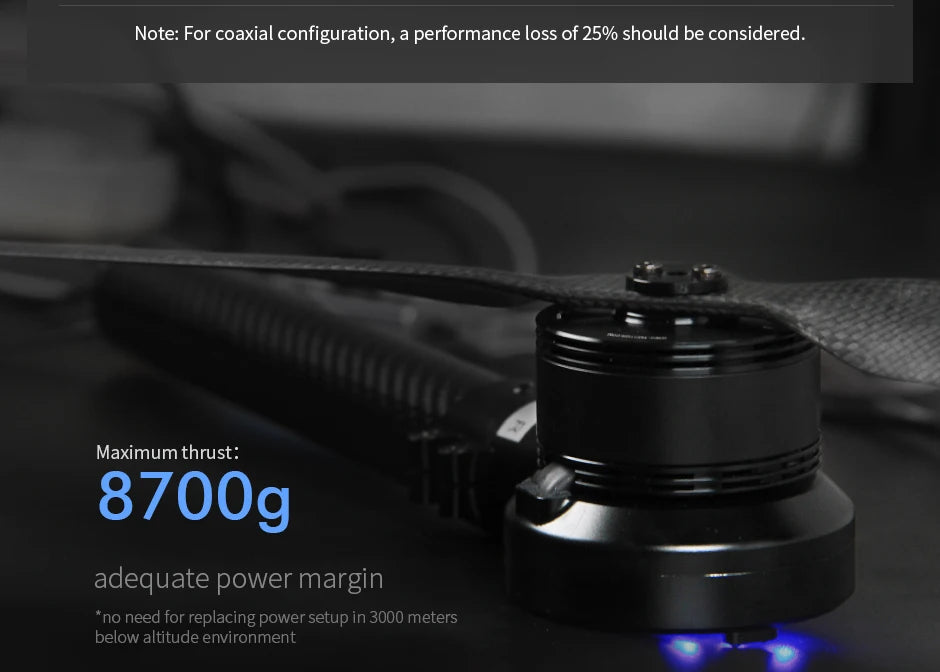 T-motor, performance loss of 25% should be considered for coaxial configuration . maximum thrust: 8700g